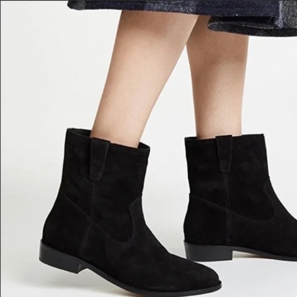 Rebecca Minkoff Black Suede Western Style Pull On Chasidy Low-Heel Booties EUC 9